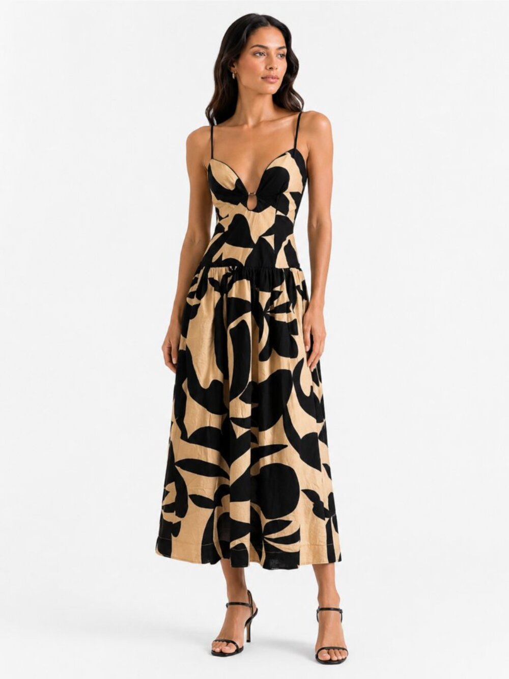 NWT MON RENN SURREAL BLACK YELLOW KEYHOLE SPAGHETTI STRAPS MIDI DRESS - XS